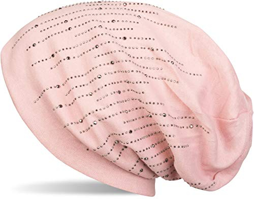 styleBREAKER Damen Beanie Mütze mit Strass Nieten im edlen Streifen Design, Slouch Longbeanie, Stoffmütze Einfarbig 04024086, Farbe:Rose