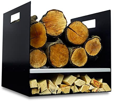 Volcann Compact 32cm Wide Steel Firewood Log Basket - Fireplace Wood Holder Metal Rack with Handheld, Storage for Woodstove, Fireside Accessories (Goosewing Grey)