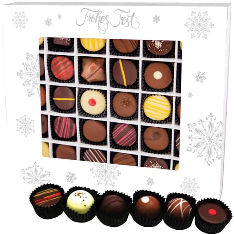 Hallingers Genuss Manufaktur Pralinen Weihnachts-Geschenk - mit & ohne Alkohol, handmade aus Confiserie-Edelkakao in wertiger XXL-Geschenkbox Frohes Fest Weiß, Weihnachten für Frauen Männer