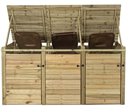 Wheelie bin storage pressure treated garden recycling store lid shed outdoor trash cover (Triple, Without recycling shelf, Natural (Light Green))