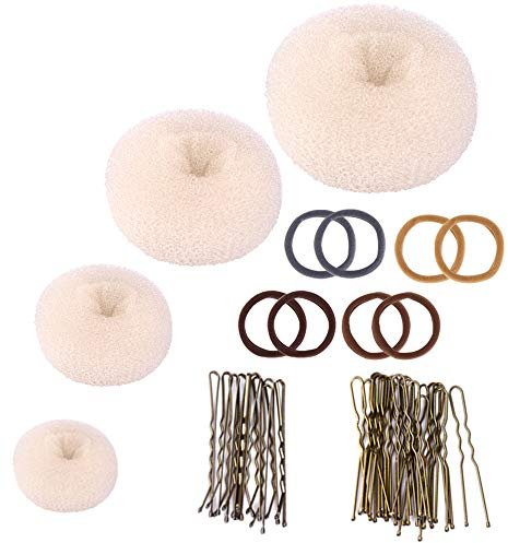 Donut Haarknoten-Set, Zingso 4 Stück Frauen Mädchen Haaraccessoires Ring-Stil Mesh Donut Haarknoten Shaper Maker Set mit 8 Stück Haargummibändern, 30 Stück Haarnadeln