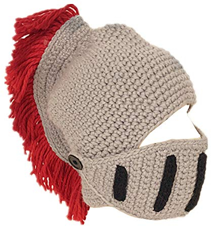 YEKEYI Lustige Ritterhelm Beanie mit Bart Mütze Handgemachte Strickmütze Winter Dicke Kappe Octopus Hut Halloween Cosplay Skimaske, rot, Einheitsgröße