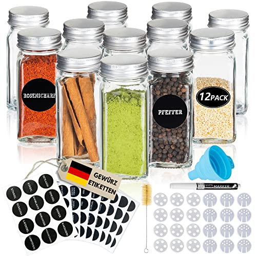 Deco haus® Gewürzgläser eckig mit Schraubkappe 12er Set [+Etiketten & Streueinsatz] - Gewürzdosen Set Glas - Gewürzbehälter Spice Jars - Gewürze Aufbewahrung - Behälter für Gewürze Gewürzaufbewahrung