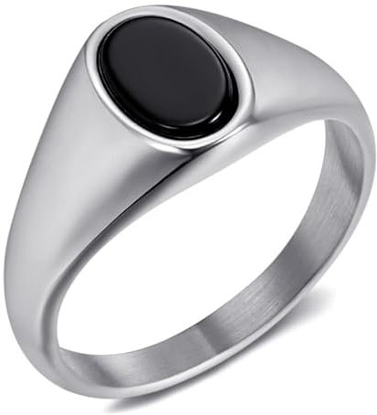 BOBIJOO JEWELRY - Chevalière Bague cabochon Onyx oval 9x6mm Acier inoxydable argenté - 22,6 (13 US)