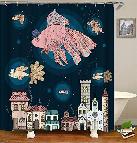 FANSU Rideau de Douche Lavable Résistant à l'eau Anti-moisissure, 3D Imprimé Polyester Rideaux de Salle de Bain Facile à Nettoyer avec 12 Crochets Décor À Maison (Poisson Rouge,180x200cm)