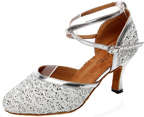 Damen Tanzschuhe, niedriger Absatz, Glitzer, geschlossener Zehenbereich, Soziale Praxis, Lateinamerikanischer Tango, Salsa, Cha-cha, individuelle Ferse, weicher Tango, leicht, Komfort, silber, 36.5 EU