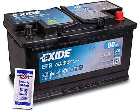 EXIDE EL800 Autobatterie AGM 12V 80Ah 720A Start-Stop EFB Starterbatterie PKW KFZ Batterie - Ersetzt 70Ah 72Ah 74Ah 75Ah 77Ah + 1x Batteriepolfett