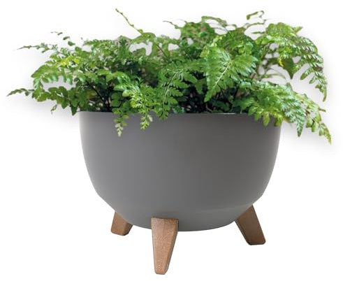 MELTOM Blumentopf mit Füßen Ø 33 cm Anthrazit Übertopf mit Drainageboden | Kunststoff matt, Füße in Holzoptik, Höhe 23,4 cm, Standfläche Ø 20 cm, fester Zwischenboden, Gummistopfen zum Ablassen