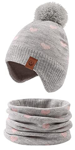 XIAOHAWANG Baby Strickmütze Winter Babymütze Junge Warme Kindermütze Junge Beanie Mütze Dicke Wintermütze für Herbst,Winter(Grau Herz(Hut+Schal),4-7Jahren)