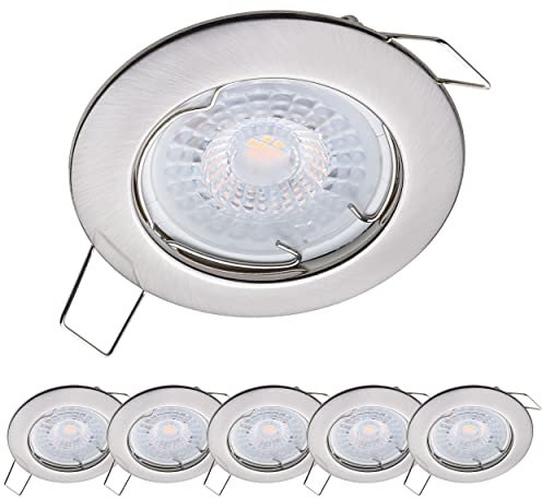 Oktaplex 6er Set LED Spots - 3 Stufen dimmbar - 4,8W 2700K 230V 380lm Warmweiß 110° - Deckenspot Edelstahl gebürstet Lochmaß 60mm Deckenstrahler Sedan