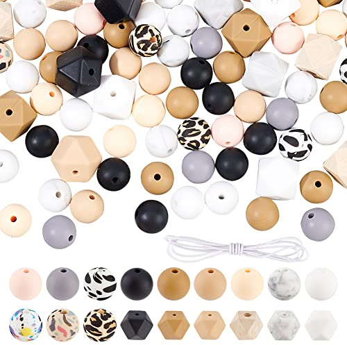 DICOSMETIC 112 Stück Silikon Runde Perle Groß Silikon Perlen Achteckige Perlen 0.5m Gummiband klein Loch 2mm DIY Schmuck Perlen Bulk Silikonperlen für Schlüsselanhänger Halskette Armband
