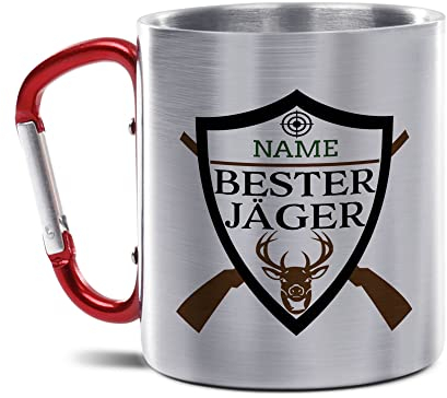 Tassendruck Karabiner Edelstahlbecher - Bester Jäger mit Name selbst gestalten - Geschenk für Jäger, Jagd, Geburtstagsgeschenk | Personalisiertes Geschenk, 300 ml