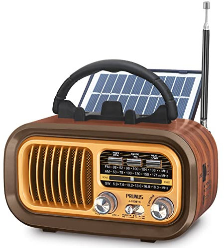PRUNUS J-150 Portable Radio Retro, AM/FM/SW Small Radio Bluetooth, Battery Radio Powered by 1200mAh Rechargeable or D-Cell Batteries, with Solar Panel, Solar radio Supports USB/TF Card Function