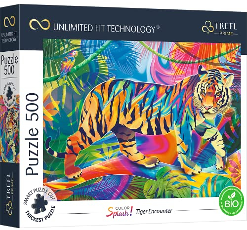 Trefl Prime - Puzzle UFT Color Splash: Tiger Encounter - 500 Elemente - Dickste Pappe, Bunter Tiger, Modernes Tierpuzzle, Kreative Unterhaltung für Erwachsene und Kinder ab 10 Jahren