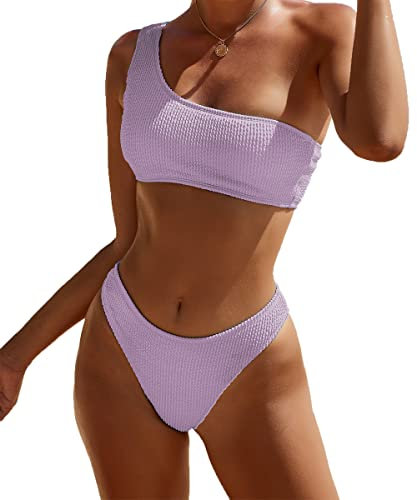 YIMISAN Bikini da donna a costine, monospalla, con vita media, due pezzi, S