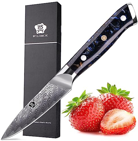 WILDMOK Kochmesser, 8cm, scharfes Obst, Japanisches VG10 Superstahl 67 Lagen Damaststahlmesser zum Schnitzen und Schälen, luxuriöse Geschenkbox mit