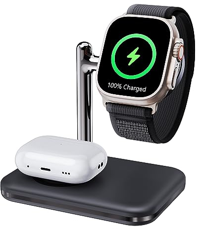 MAKAQI 2 in 1 Charger Stand for Apple Watch and AirPods, Foldable Watch Charging Dock Compatible with Apple Watch Series Ultra/10/9/8/7/6/Se/5/4/3 & AirPods Pro/4/3/2/1