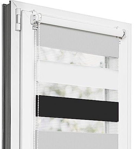 Estika Doppelrollo Klemmfix ohne Bohren - 90 cm x 220 cm - Trio: Schwarz-Weiß-Hellgrau - 29 Stofffarben, Tag und Nacht Duo Rollo, Rollos für Fenster ohne Bohren(90 cm Stoffbreite)