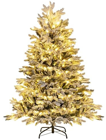 COSTWAY Künstlicher Weihnachtsbaum mit Schnee und Beleuchtung, 136 cm Tannenbaum mit 200 Warmweißen LED-Lichtern, 688 gemischten Zweigspitzen, Christbaum, Kunstbaum Weihnachten, weiß-grün