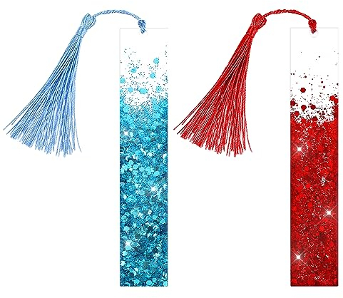 TIESOME 2pcs Glitzerpulver Lesezeichen, getrocknete Blumen Harz bookmark, handgefertigt transparenter Seitenmarker mit bunter Quaste für Erwachsene Frauen Teenager Kinder Geschenk(rot+blau)