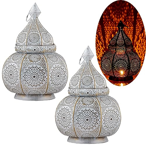 2er Set Marrakesch Lampe und Laterne in einem aus Metall 30 cm groß | Tischlampe Windlicht Lamisa Weiss als Orientalische Dekoration
