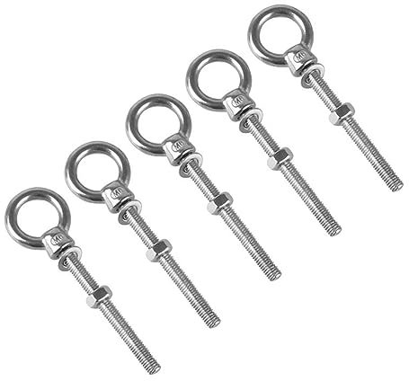 Lot de 5 vis à œil longues avec mousqueton, en acier inoxydable 316, avec écrou et rondelles pour rouleau de fixation et de suspension (M8 x 100)