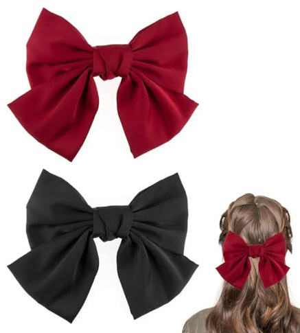 DHWEKU Fermagli Per Capelli Donna Con Fiocco In Raso/Mollette Per Capelli Elegante Grandi/Fiocchi Per Capelli Con Chiusura Clip/Fermaglio Capelli Per Ragazza(Nero, rosso)