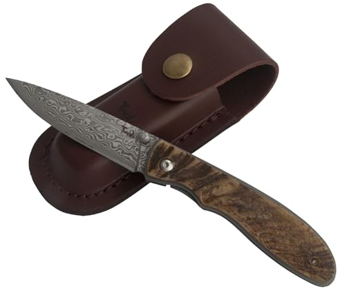 Tungyi Damas couteau de poche pliant en acier, couteau tranchant 3,1 avec fourreau en cuir, couteau pour toute occasion, anniversaire, anniversaire, mariage, cadeau (4 Ram Horn Handle)