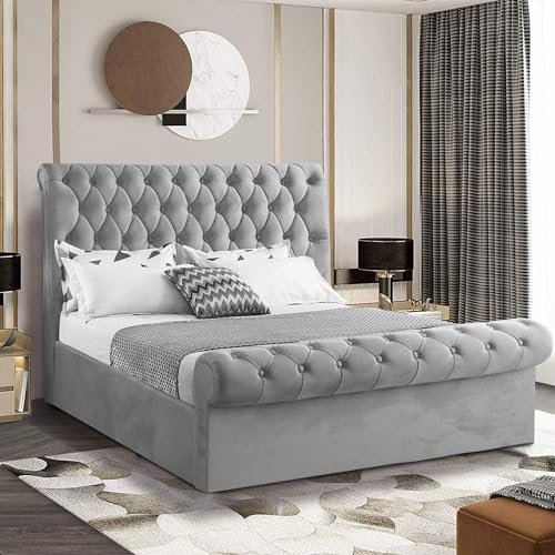 Generic Double 4ft6 Velvet Ottoman Storage Bed with Mattress, Grey