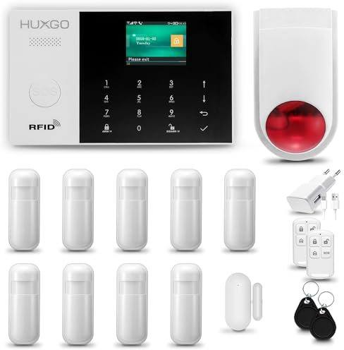HUXGO® HXA005 Allarme casa senza fili con radio Sirena esterna WiFi + GSM | Impianto allarme casa kit con 1x sensori di allarme per finestre/portes, 9x rilevatori di movimento