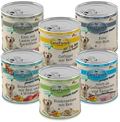 Landfleisch Classic Hundefutter 6 x 800g | Mixpaket mit garantiert 6 Sorten | Nassfutter für Hunde mit extra viel Fleisch und Gemüse