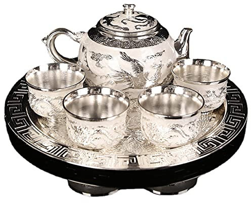 WOTZOV Teeservice, 6-teiliges silbernes Teeservice, handgefertigtes chinesisches Vintage-Tee-/Weinset mit Drachen und Phönix, inkl. Teekanne und Teetassen (weiß/Silber)