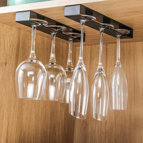 Portabicchieri Sospeso 2 Pcs Porta Calici Sottopensile Senza Foratura Porta Bicchieri da Vino Portabicchieri Appendere Vino Bicchiere Rack per Casa Cucina Bar Ristorante (Nero)