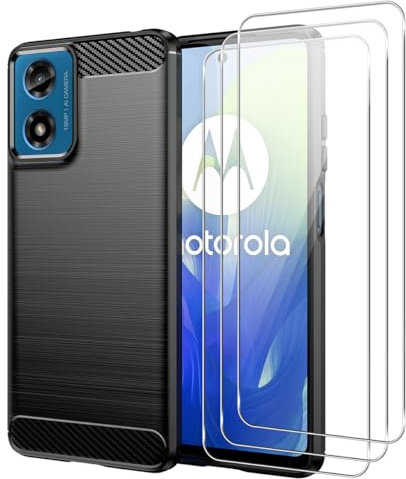 Cover Compatibile con Motorola Moto E14 / G24 / G04, con 3 Pezzi Vetro Temperato Pellicola Protettiva, Fibra Carbonio e Antimpronta Custodia, Antigraffio e Morbido Caso - Nero