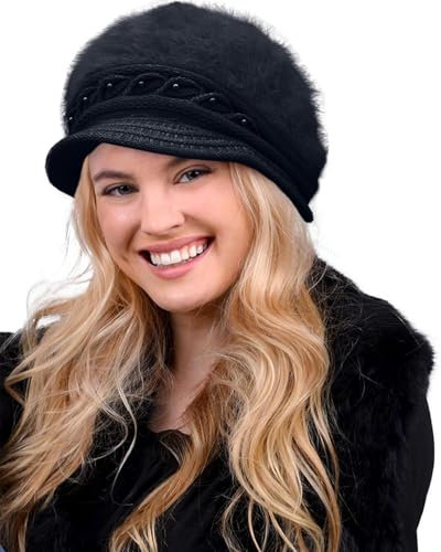 Yutdeng Schirmmütze Damen Winter Gefüttert Fleece Baskenmütze Barrett Mütze Elegant Ballonmütze Schiebermütze Warme Winterhut Strickmütze mit Schirm Damen Wollmütze Wintermütze,Schwarz