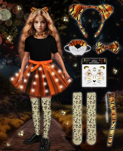 COYBTO Déguisement Tutu pour Filles, Ensemble de Costume Tigre Lumineux avec Gants de Tigre, Oreilles de Tigre, Nez, Queue, Autocollants, Déguisement pour Noël, Carnaval, Fête d'Anniversaire, Cosplay