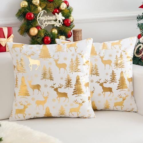 Dokeleen 2er Set Kissenbezug Samt Weiß Weihnachtliche Kissenbezüge 40x40 Weihnachts 40x40 Gold Elch Weihnachtsbaum Weihnachten Kissenhülle Zierkissenbezug