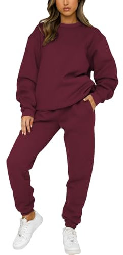 amropi Trainingsanzug Damen Pullover Sweatshirt und Jogginghose Warm Vlies Kleidungsset (Burgunderrot,XL)