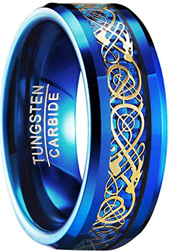 083BASE Herren Tungstenring mit Drachenmuster, 8mm Breite, Zirkonia-Einlage, in Blau, Schwarz und Rot erhältlich - Wolframkarbid Ring für Männer