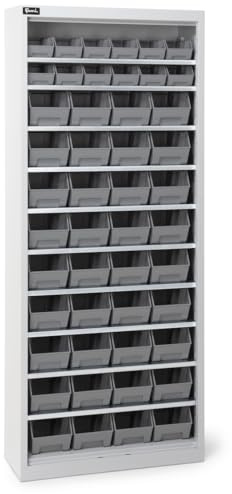 Fami - Armadio Portacontenitori in Acciaio per Magazzini, Garage e Officine, 48 Contenitori Picking Box Air, 10 Ripiani Regolabili, Porta Minuteria, Portata Piano 50 kg, 70 x 26 x 165 cm