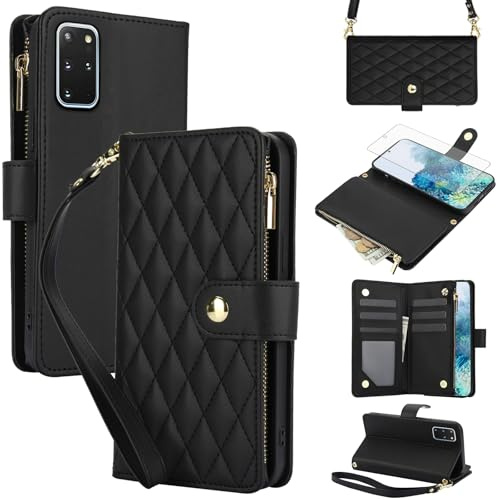 Asuwish Handyhülle für Samsung Galaxy S20 Plus 5G Hülle mit Band Schutzfolie Kartenfach Klappbar Leder Geldbörse Ständer S20+ S 20 + S20Plus 20+ S20+5G Handy Hüllen Schutzhülle Phone Case Schwarz