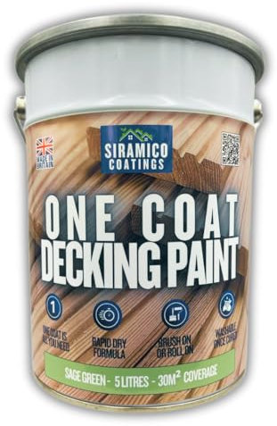 SIRAMICO COATINGS One Coat Anti-Slip Decking Paint | 5 litres | 7 Luxury Colours I Mould & UV Resistant Formula | White - Grey - Sage Green - Black - Brick Red (Sage Green)