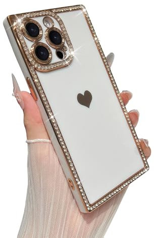 Skyseaco for iPhone 13 Pro Case Glitter, Luxury Sparkly Bling Diamond Rhinestone Cover, Gold Rectangle Bumper Shockproof Phone Case for Women Girls, White
