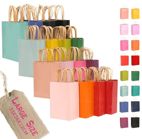 Gcardist 100 Stück Große-Geschenktüten aus Papier mit Henkeln–13×10.3×4.6 Party-Tüten aus Kraftpapier – 16 einfarbige Farben