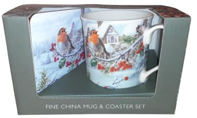 Macneil Studio Christmas Robin Mug & Coaster Set Gift Boxed | Includes a matching coaster and gift box with the heartfelt message With Love at Christmas.