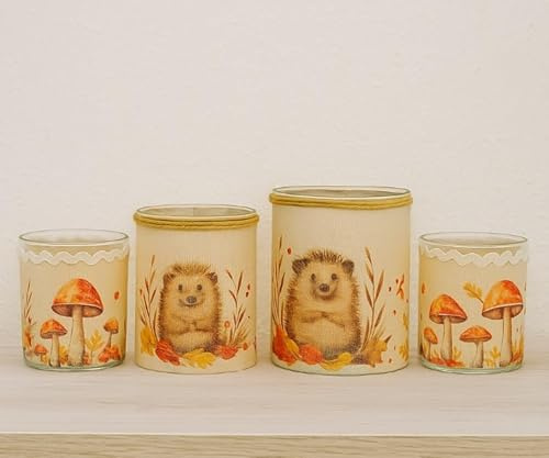 4er Set Windlichter Blätter Igel 10cm und 8cm Geschenkset noh17 Herbstdeko Waldtiere Tischdeko Windlicht Gras herbstliche Deko Waldtiere Halloween Weihnachten