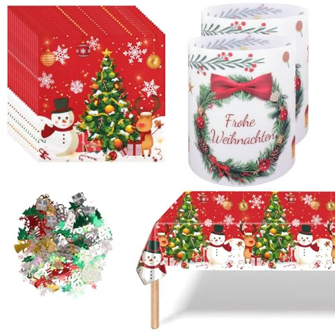 Tischdeko Weihnachten Set, 1 Tischläufer Weihnachten + 20 Servietten + 12 Windlicht Weihnachtsdeko + 50 Konfetti Partydekorationen für den Innenbereich