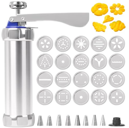 Gebäckpresse Kekspresse Spritzgebäck Presse Plätzchenpresse Teigspritze Teigpresse Keksmaschine mit 20 Schablonen 8 Edelstahl Tüllen Backspatel Reinigungsbürste für Kuchen Kekse Plätzchen (A)