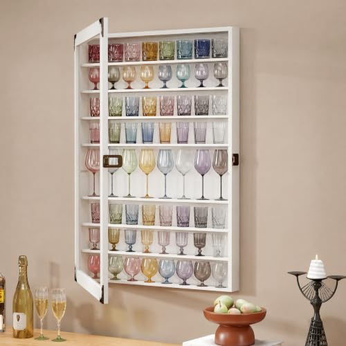 tonchean Shot Glass Display Case Lockable 72 Slots Wooden Display Cabinet | with Acrylic Door, 9 Tiers Wall Mounted Pine Wood Display Box for Collectibles, White