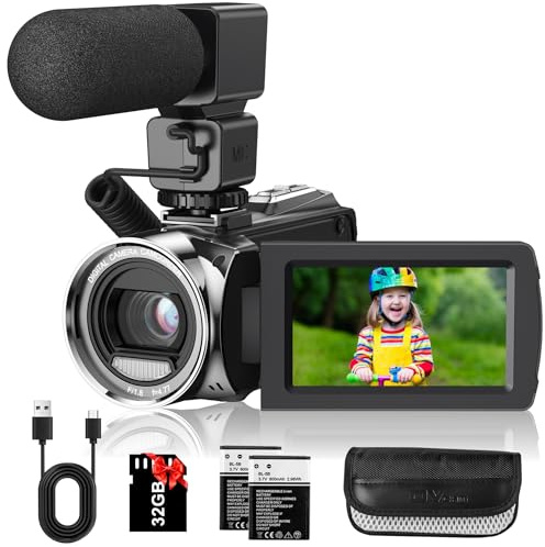 Video Camera Camcorder Digital Camera Recorder for YouTube Full HD 1080P 30FPS 36MP 3.0 270゜Rotation LCD Video Cameras for Filming with Microphone,32GB SD Card, 2 Batteries for Kids Students Elderly